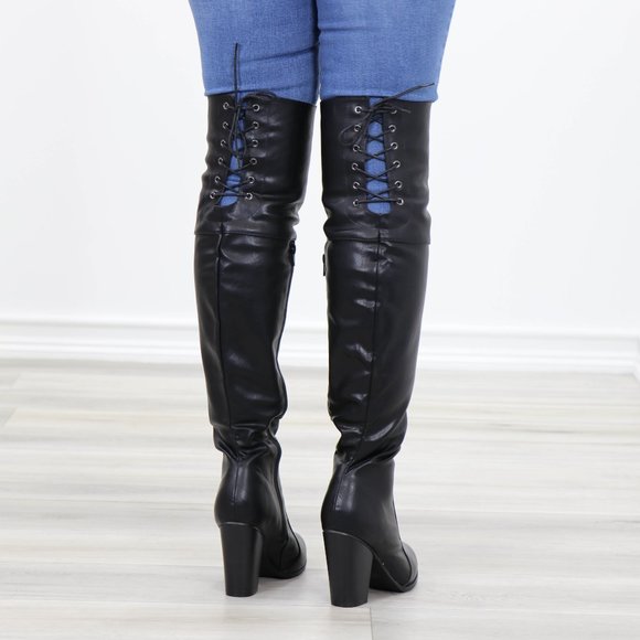 Restock Faux Leather Thigh High Boots Lace Up Back - Picture 10 of 16
